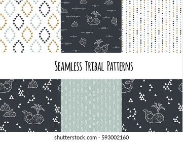 Set of navajo tribal patterns with low poly whales.