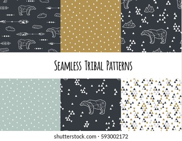 Set of navajo tribal patterns with low poly polar bears.