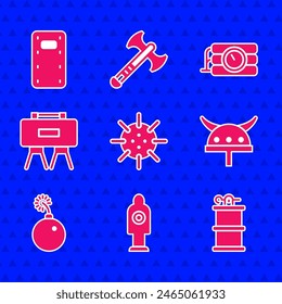 Set Naval mine, Human target sport for shooting, Hand smoke grenade, Viking horned helmet, Bomb ready to explode, Military, Dynamite timer clock and assault shield icon. Vector
