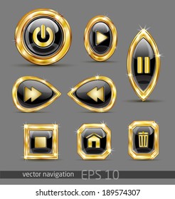 a set of navigation buttons in gold on a dark background. Isolated objects. The vector.