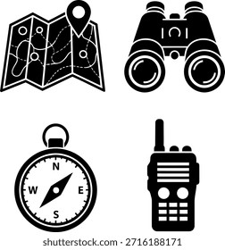 Un conjunto de iconos de navegación y exploración que incluyen un mapa con un pin, binoculares, brújula y radio bidireccional, útil para temas de viajes y aventuras.