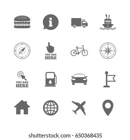 Set of Navigation and Gps icons. Windrose, Compass and Burger signs. Bicycle, Ship and Car symbols. Location pointer and flag. Isolated flat icons set on white background. Vector
