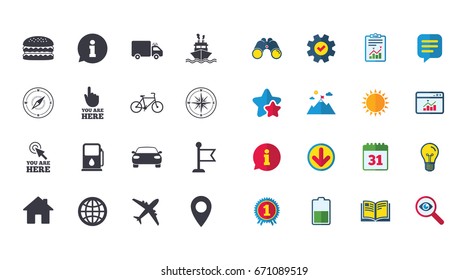 Set of Navigation and Gps icons. Windrose, Compass and Burger signs. Bicycle, Ship and Car symbols. Location pointer and flag. Calendar, Report and Browser window signs. Vector
