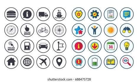 Set of Navigation and Gps icons. Windrose, Compass and Burger signs. Bicycle, Ship and Car symbols. Location pointer and flag. Calendar, Report and Book signs. Stars, Service and Download icons