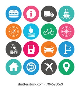 Set of Navigation and Gps icons. Windrose, Compass and Burger signs. Bicycle, Ship and Car symbols. Location pointer and flag. Colored circle buttons with flat signs. Vector