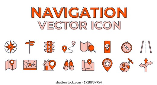 Juego de iconos de navegación. ubicación, elementos GPS plantilla de símbolo del paquete para la colección de diseño gráfico y web ilustración vectorial