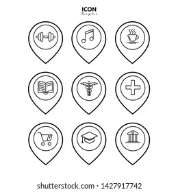 Set of navigation icons, arrangement of linear icons on white background. Flat trendy design. Concept pointer location of the map for your site, mobile application, user interface. Vector illustration