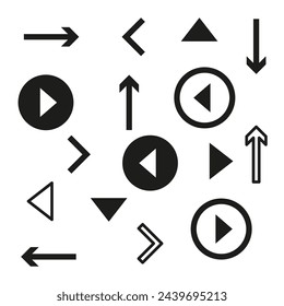 Set of navigation icons. Arrows and play buttons for user interface design. Directional symbols collection. Vector illustration. EPS 10.