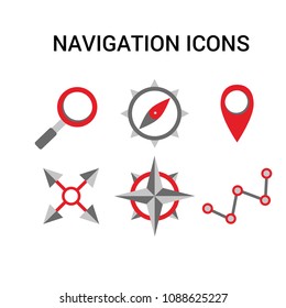 Set of navigation icons. Collection of logo. Vector illustration. Linear flat style. Wind rose. Star. Compass. Magnify glass. Pin. Road. Trip. Map. Geo. Mark. Geography. Modern.