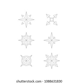Set of navigation icons. Collection of logo. Vector illustration. Linear flat style. Wind rose. Star. Compass. Line art. Map. Location. Geo. Pointer. Marker. 