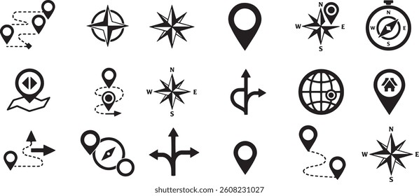 set of navigation icons including maps compasses and location pointers in black and white vector format
