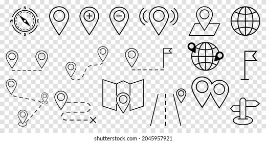 Set of navigation icons. Line art style. Vector location symbols isolated on transparent background
