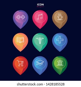Set of navigation icons, location of icons on a dark background. Flat trendy gradient design. Concept pointer location of the map for your site, mobile application, user interface. Vector illustration