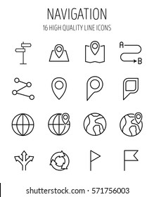 Set of navigation icons in modern thin line style. High quality black outline geography symbols for web site design and mobile apps. Simple navigation pictograms on a white background.