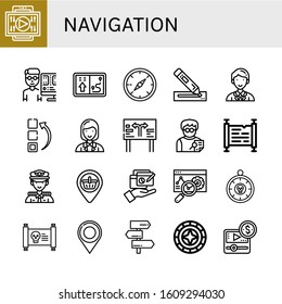Set of navigation icons. Such as Video, Editor, Navigator, Compass, Marker, Coordinator, Menu, Road sign, Scroll, Captain, Placeholder, Report, Web, Treasure map , navigation icons