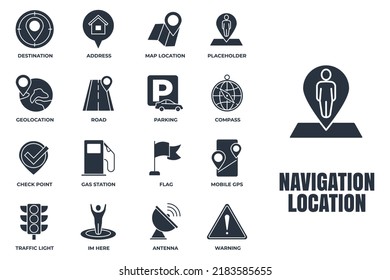 Set of Navigation location icon logo vector illustration. location pack symbol template. address, flag, traffic light, warning, road and more for graphic and web design collection