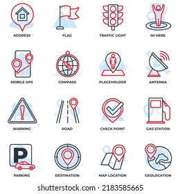 Set of Navigation location icon logo vector illustration. location pack symbol template. address, flag, traffic light, warning, road and more for graphic and web design collection