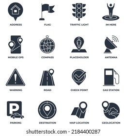 Set of Navigation location icon logo vector illustration. location pack symbol template. address, flag, traffic light, warning, road and more for graphic and web design collection