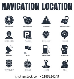 Set of Navigation location icon logo vector illustration. location pack symbol template. address, flag, traffic light, warning, road and more for graphic and web design collection