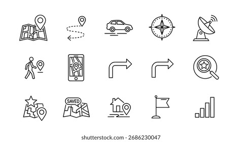 Conjunto de ícones de navegação e localização com um estilo esboçado à mão para vetor de mídia digital