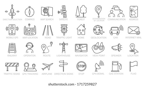 Set of navigation, location, transportation and GPS icons. Vector illustration.