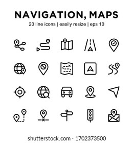 Set of navigation / map icons, containing pin, map, car, route and other icons with a white background.