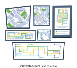 Conjunto de Mapas de Navegação Exibidos em Diferentes Dispositivos Digitais Destacando Rotas Coloridas E Caminhos para Viagens