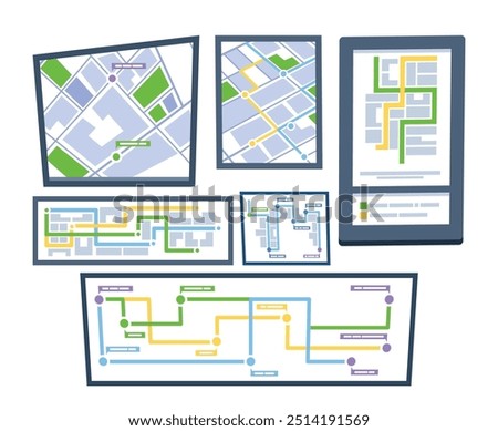 Set of Navigation Maps Displayed On Different Digital Devices Highlighting Colorful Routes And Pathways For Travel