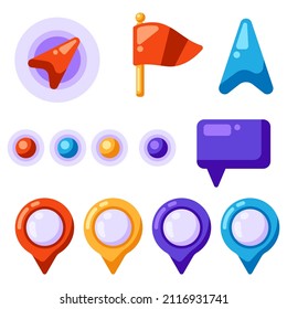 Set of navigation markers, labels and flags. Collection for marking path and marking places on map. Image for geography and cartography, travel and tourism.
