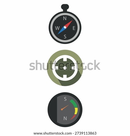 Set of navigation and speed measurement flat icons isolated on white background. Includes a classic magnetic compass, a target crosshair location symbol, and a speedometer gauge with North-South indicators. Vector illustration for travel, direction, and GPS tracking concepts.