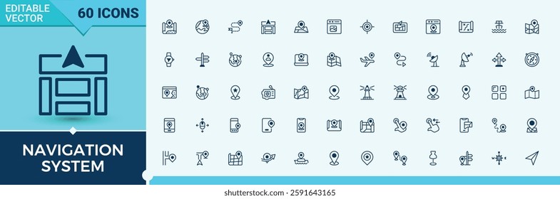 Set of Navigation System line icons. Contains related to restaurant, travel, room, way, navigator, compass and more. Collection for mobile and web apps. Vector icon and illustration.