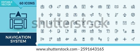 Set of Navigation System line icons. Contains related to restaurant, travel, room, way, navigator, compass and more. Collection for mobile and web apps. Vector icon and illustration.