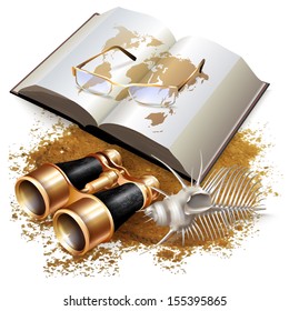 Set of navigation tools, a book, glasses and a shell, isolated on white background
