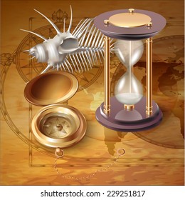 Set of navigation tools with a shell. Vector illustration