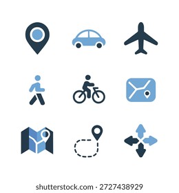 Set of navigation and transportation icons on white background icon