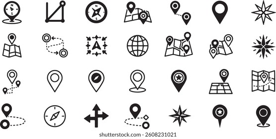 a set of navigation vector icons including compasses, route markers, and location pins for maps and travel 100