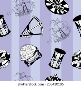 Set with navigational equipment objects and sailing vessel silhouette on striped background, seamless pattern 