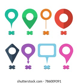 Set of navigational markers of different shapes. Navigation pins, navigational mark, navigation points. Vector illustration in a flat style.
