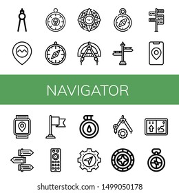 Set of navigator icons such as Compass, Gps, Windrose, Signpost, Destination, Remote control, Navigator , navigator