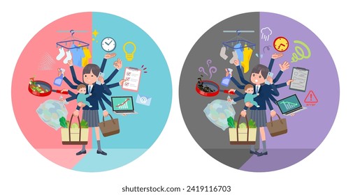 A set of navy blazer student women who perform multitasking in offices and private.It's vector art so easy to edit.