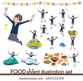 A set of navy blazer student women on food events.It's vector art so easy to edit.