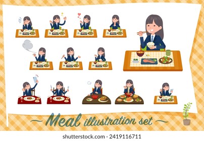 A set of navy blazer student women about meals.It's vector art so easy to edit.