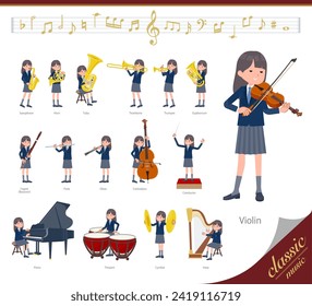 A set of navy blazer student women on classical music performances.It's vector art so easy to edit.