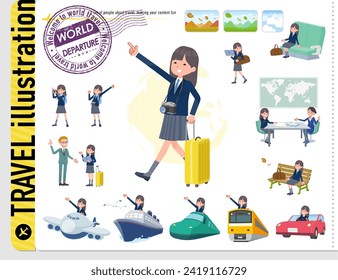 A set of navy blazer student women on travel.It's vector art so easy to edit.