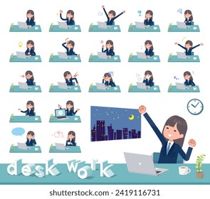 A set of navy blazer student women on desk work.It's vector art so easy to edit.