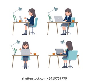 A set of navy blazer student women working at a desk at a computer.It's vector art so easy to edit.