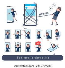 A set of navy blazer student women struggling with Mobile and SNS.It's vector art so easy to edit.