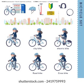 A set of navy blazer student women riding various bicycles.It's vector art so easy to edit.