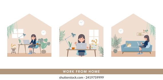 A set of navy blazer student women working from home. It's vector art so easy to edit.