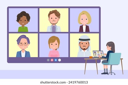 A set of navy blazer student women having a video chat with multiple people.It's vector art so easy to edit.